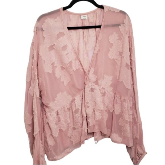 Aritzia Wilfred Pink Sheer Floral Distressed Blouse Peplum Augustine Size Large - Picture 5 of 15